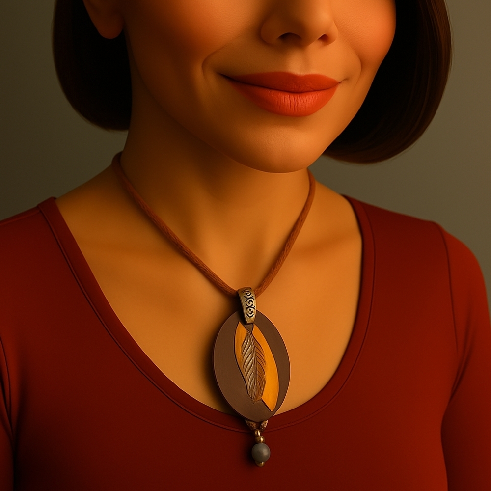 Boho Layered Leather Cord Necklace – Feather & Dual Wood Pendant, 18" for Women